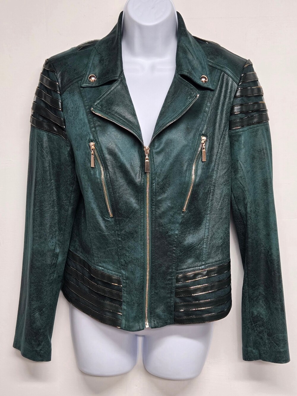 Frank Lyman L Faux Suede Moto Jacket Dark Forest Green Gold Tone Hardware